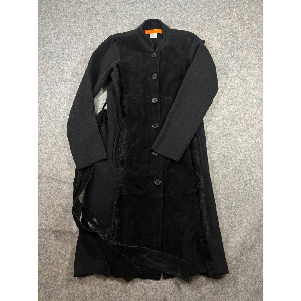 Cynthia Steffe Black Suede Rabbit Fur Trim Knit Long Jacket Coat S Goth Y2K 00s